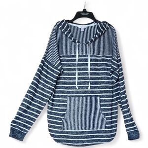 Blue & White Striped Hoodie Shirttail  Hem Kangaroo Pocket Sz Large